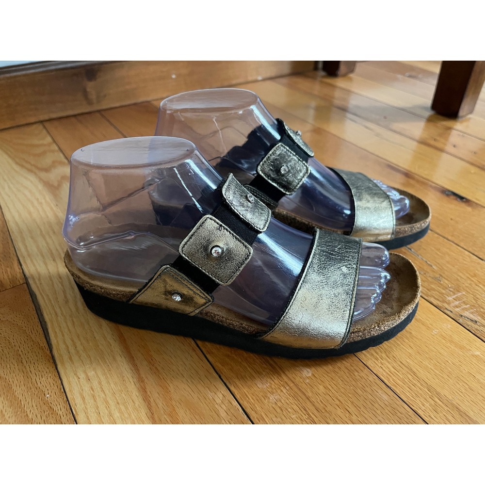 Naot Ashley Distressed Gold‎ Leather Wedge Rhinestone 2 Strap Sandal Sz 7